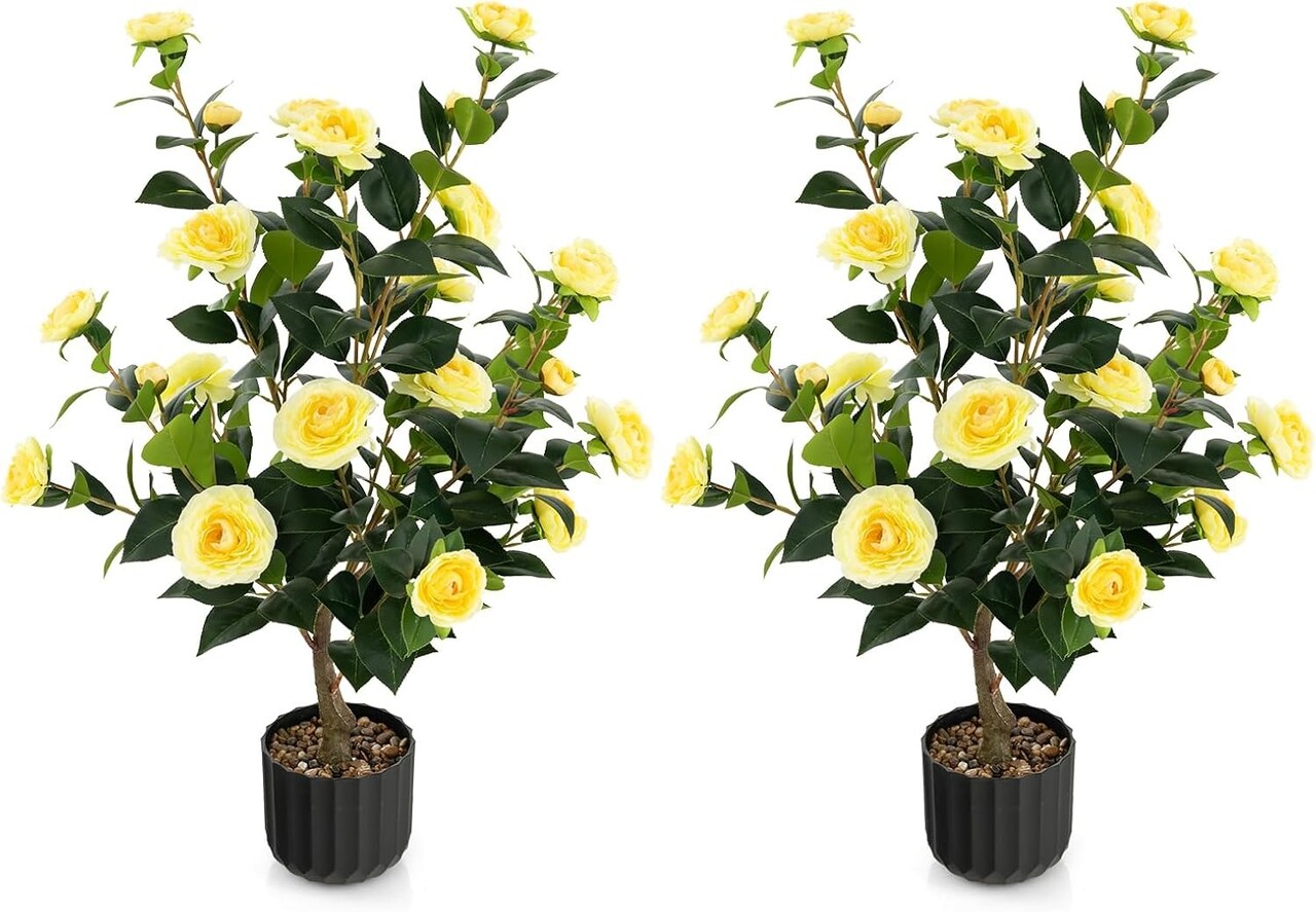 2pcs 38" Artificial Camellia Tree Flower Plant in Yellow Cement